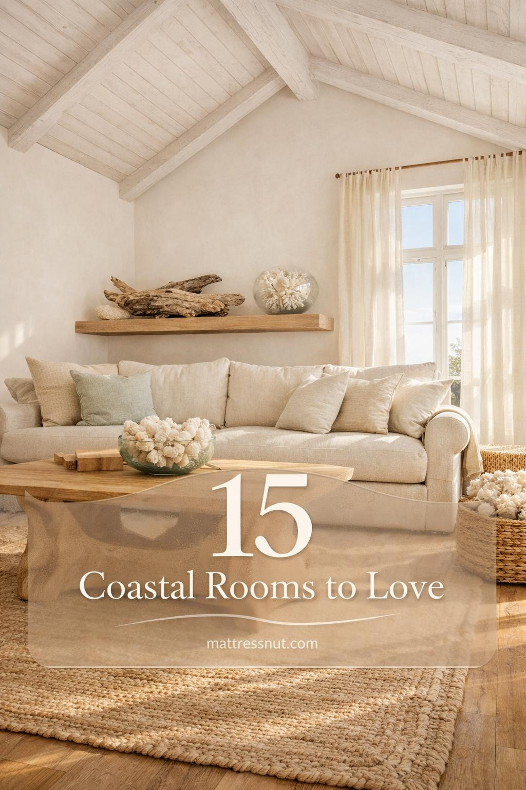 Bright living room featuring white linen sofa, natural driftwood accents, woven textures, ocean-inspired palette