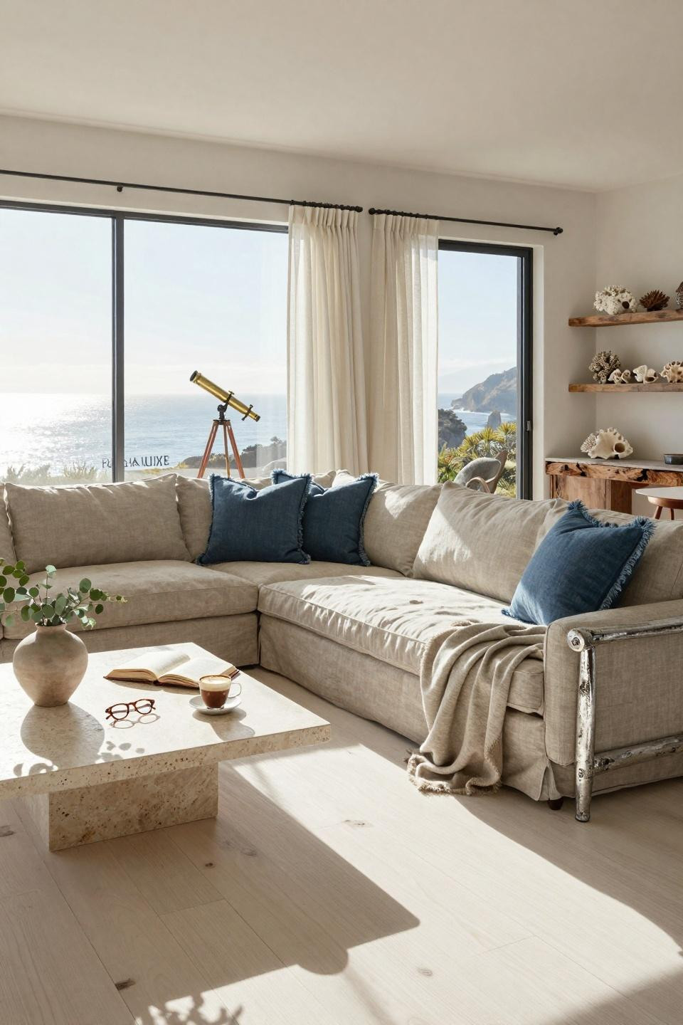 Modern Coastal Home with travertine and ocean-inspired color palette