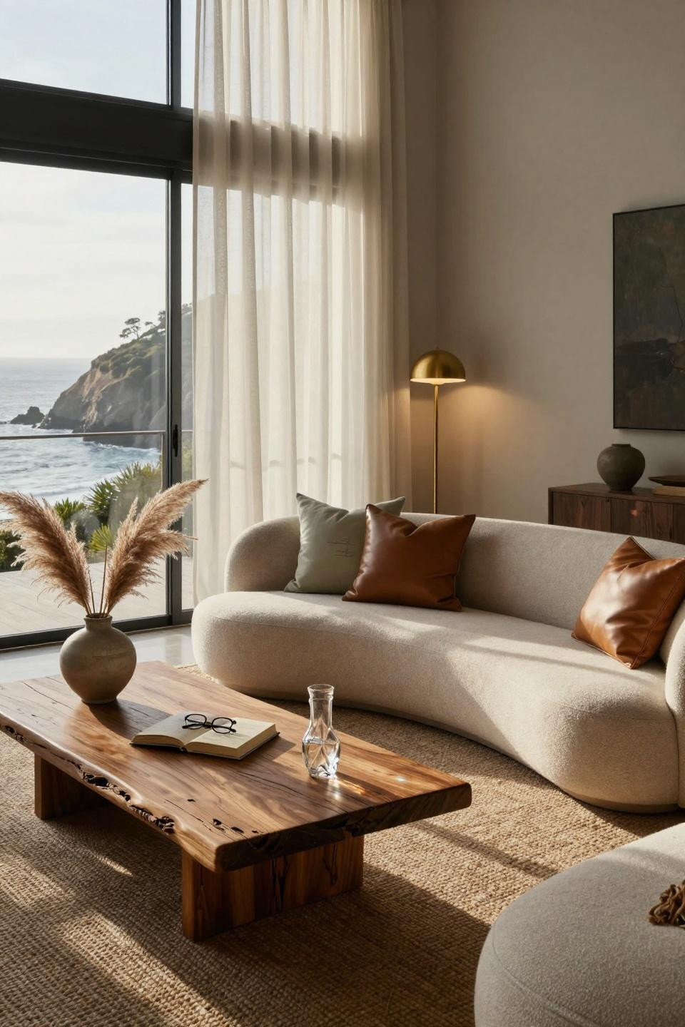 Modern Coastal Home contemporary space with curved furniture and oak