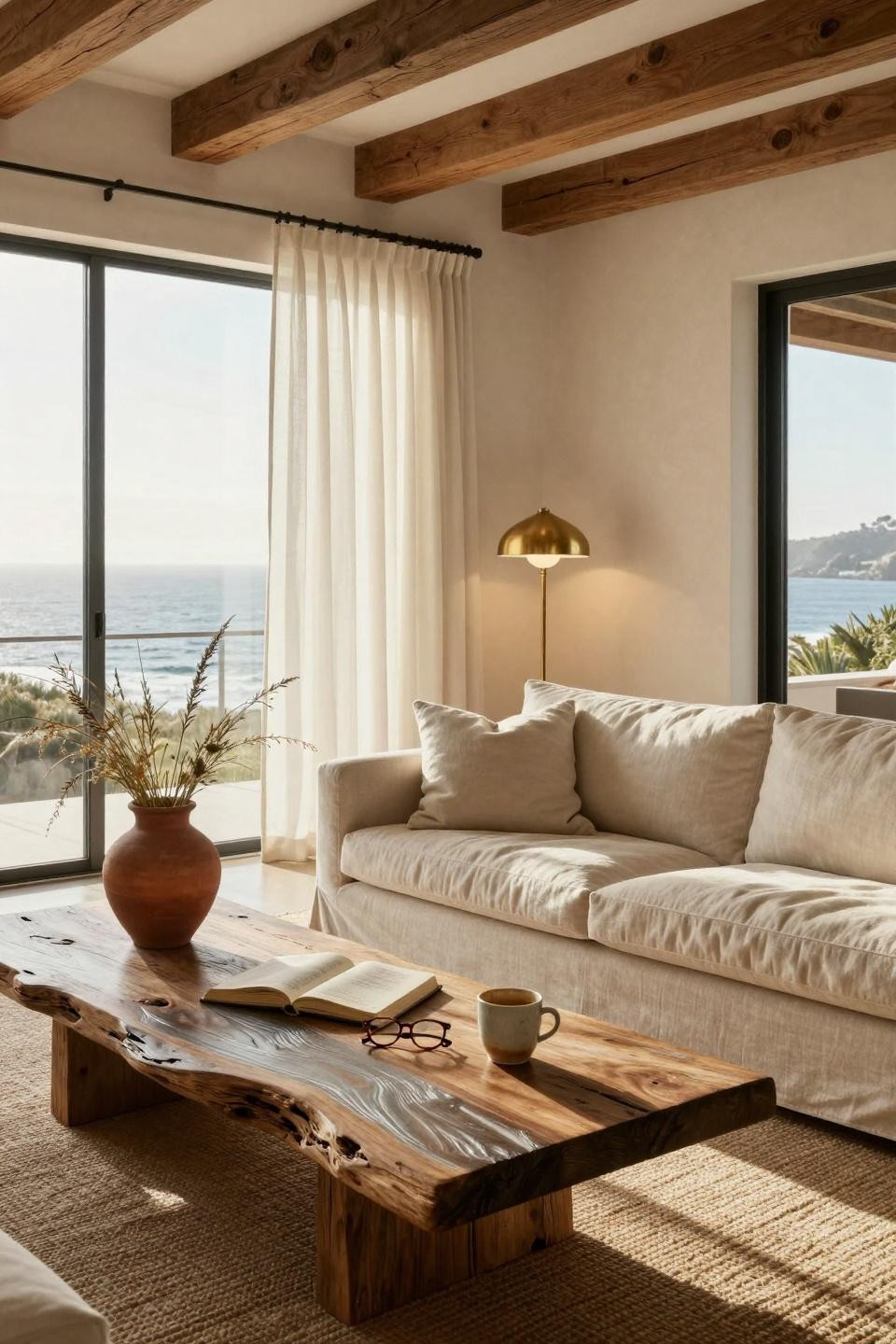 Modern Coastal Home farmhouse living room with driftwood and linen