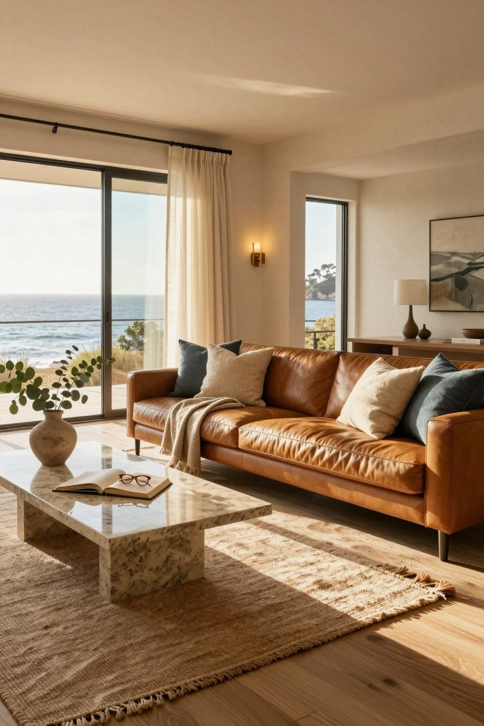 Modern Coastal Home living room with travertine coffee table and ivory walls