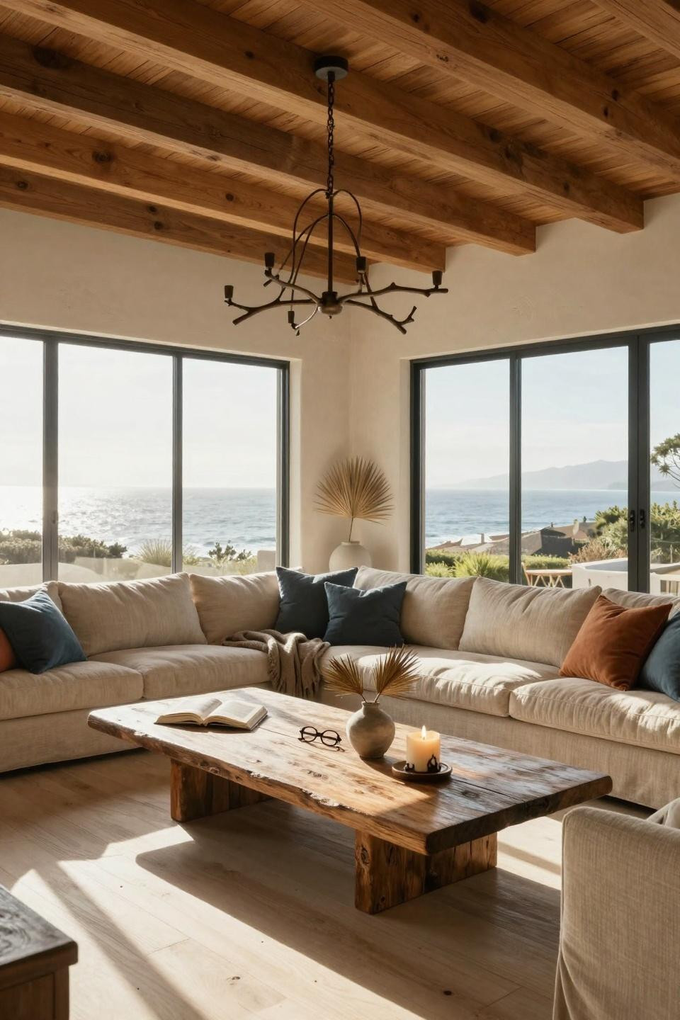 Modern Coastal Home farmhouse with bronze chandelier and driftwood