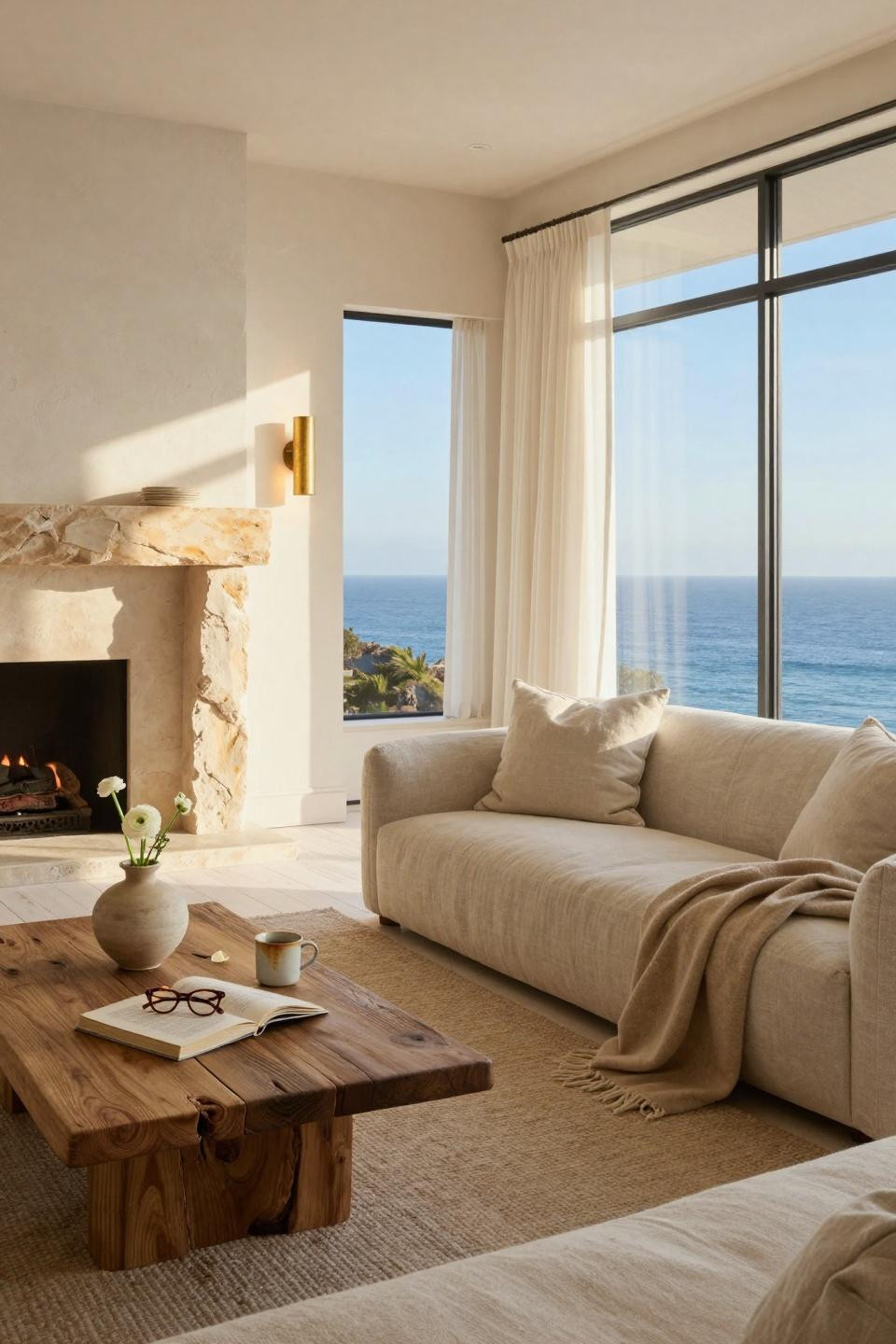 Modern Coastal Home with limestone fireplace and driftwood accents