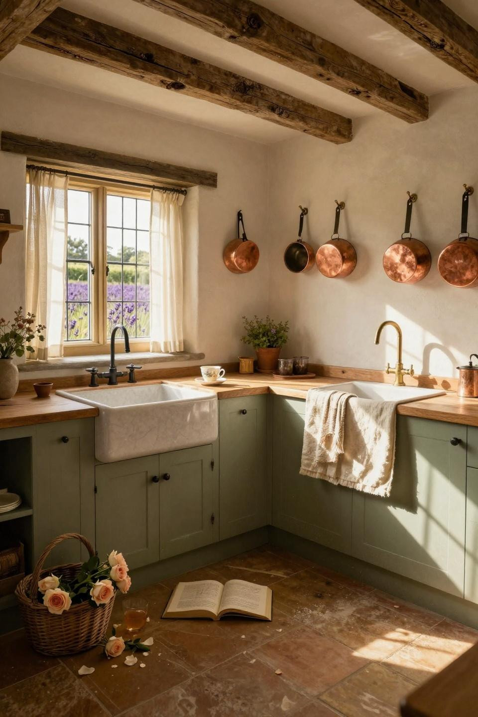 modern cottage core cream kitchen with stone sink