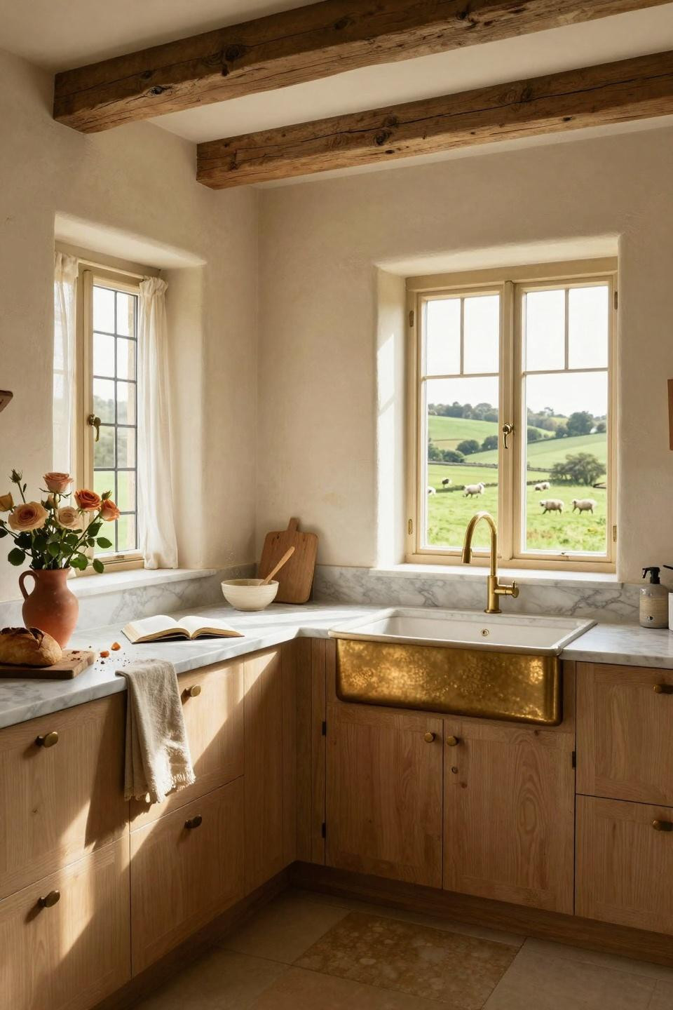 modern cottage core kitchen with exposed beams