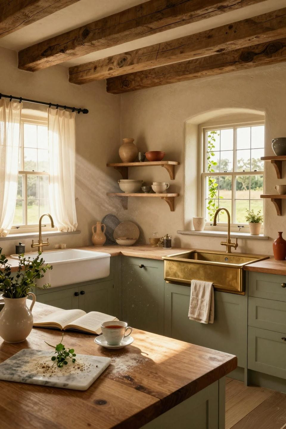modern cottage core kitchen with farmhouse sink