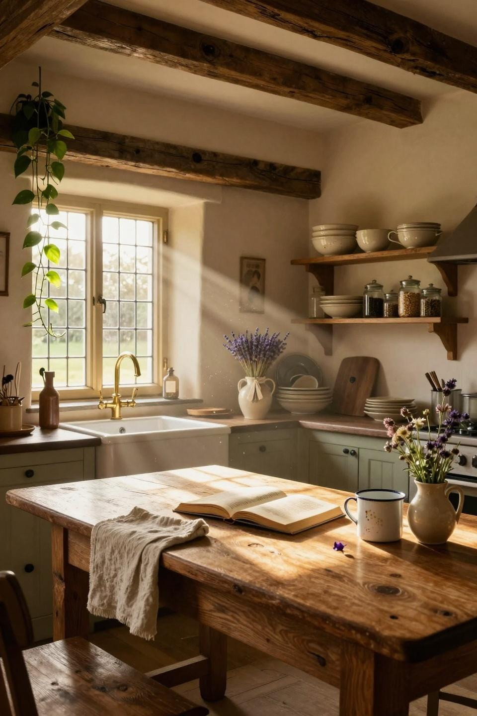 modern cottage core island with plants