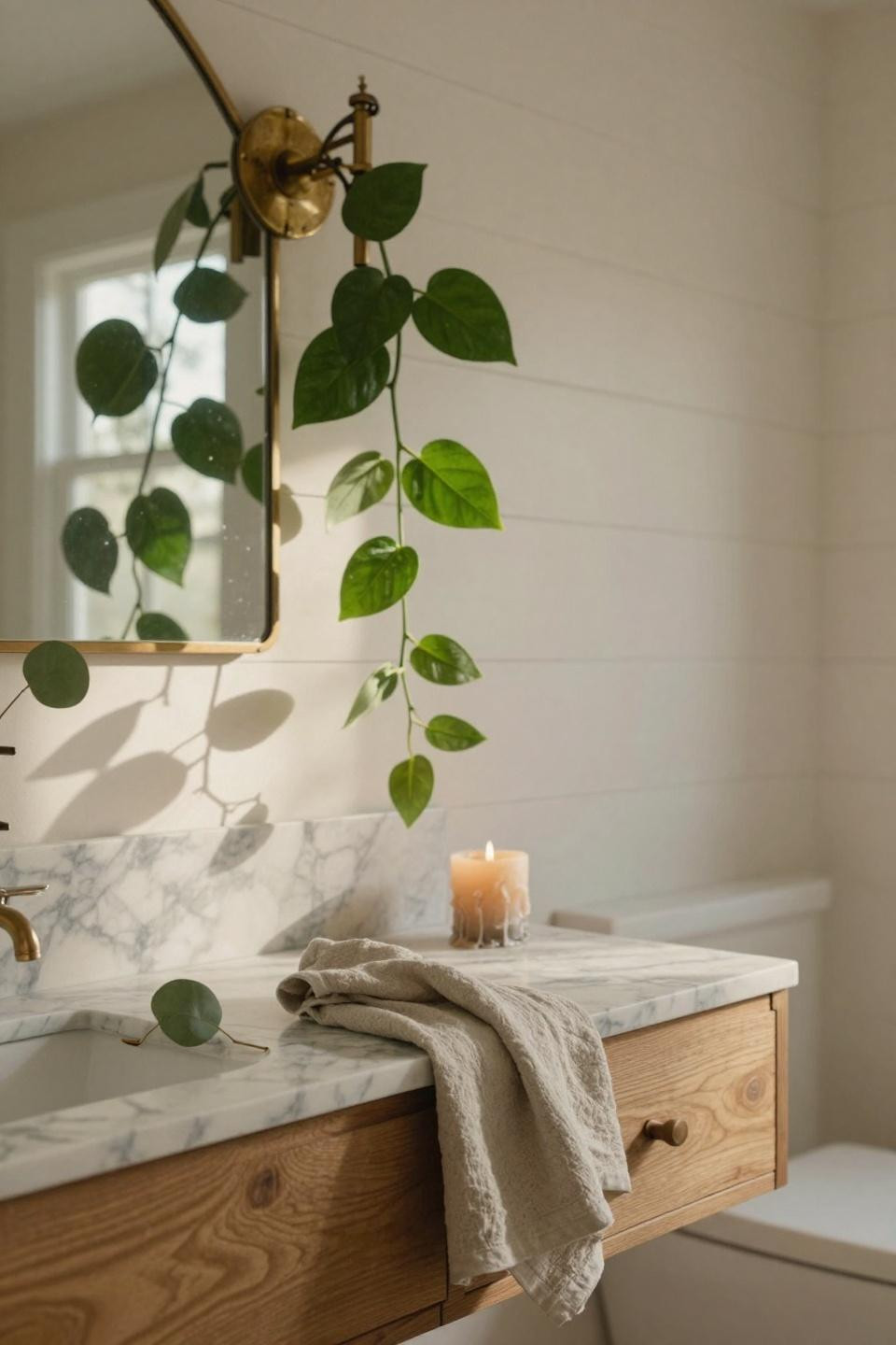 Modern Farmhouse Master Bath - brass fixture with plants and natural light