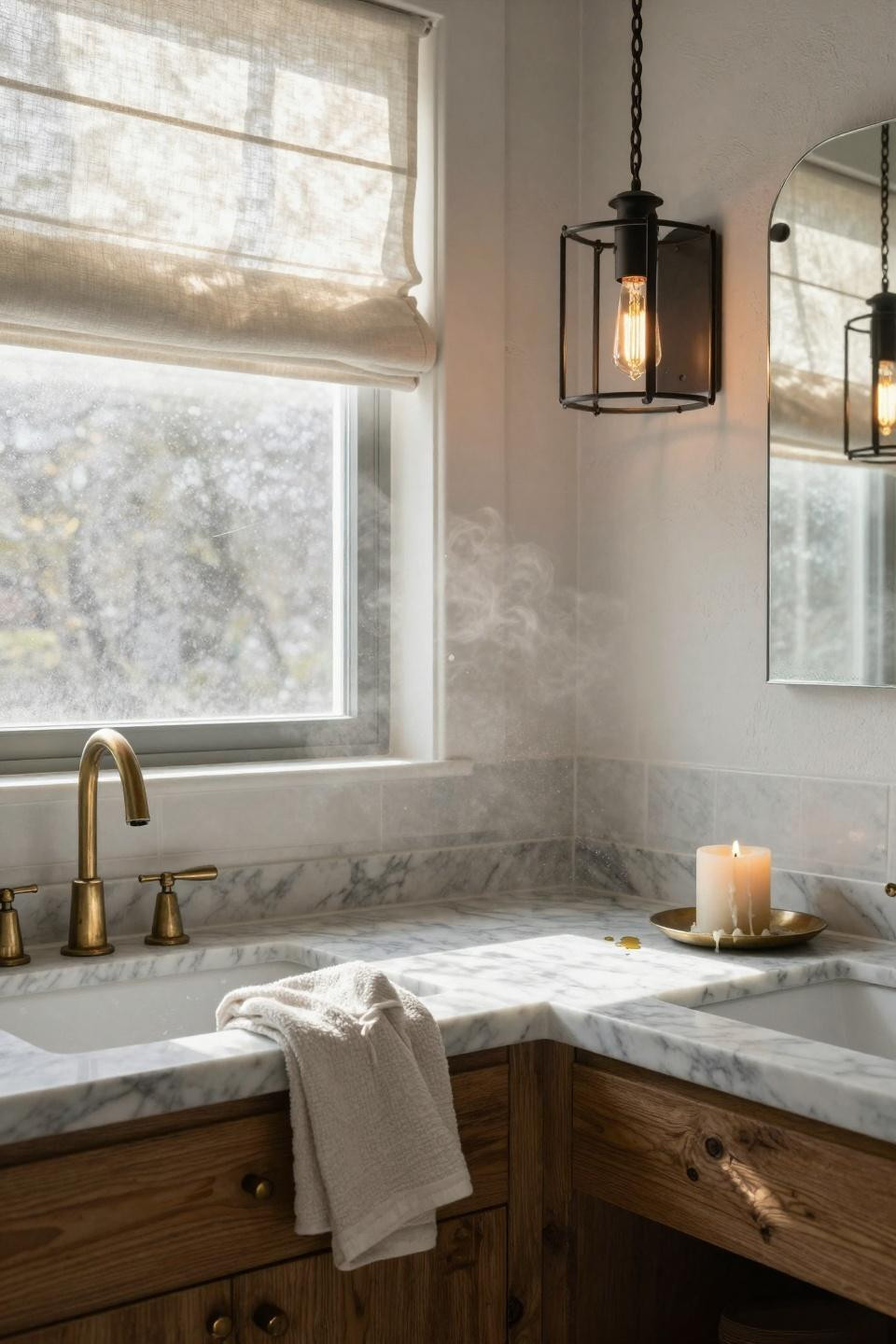 Modern Farmhouse Master Bath - dramatic lighting with reclaimed wood vanity