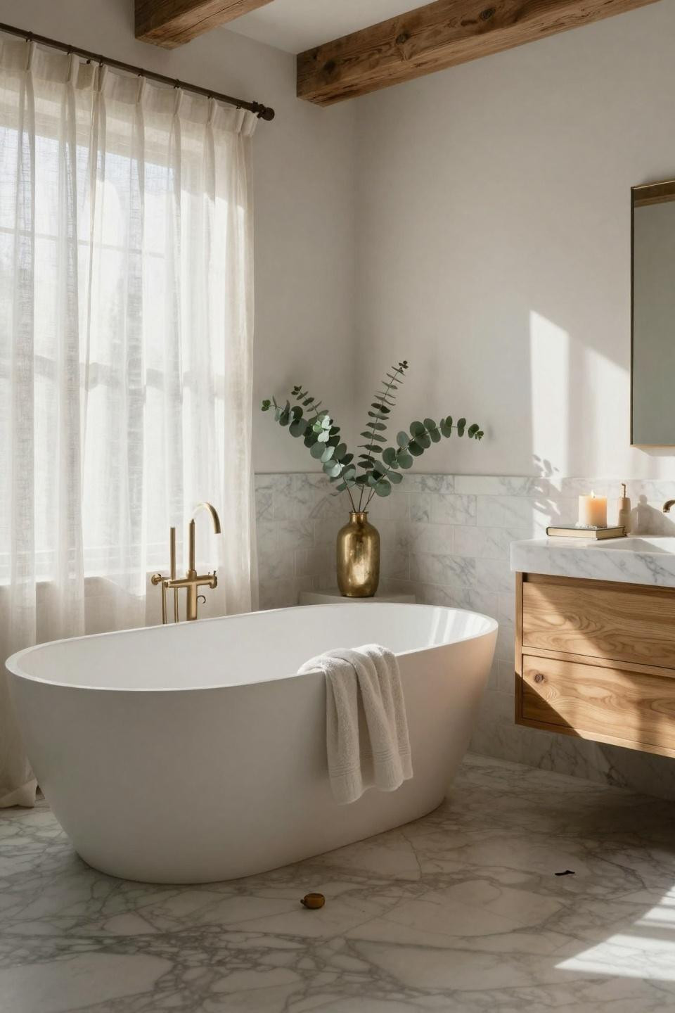 Modern Farmhouse Master Bath - elegant bathroom with linen curtains and marble