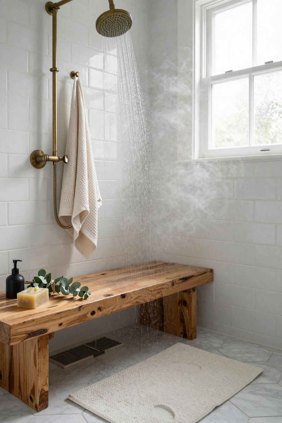 Modern Farmhouse Master Bath - detailed shower with brass fixtures