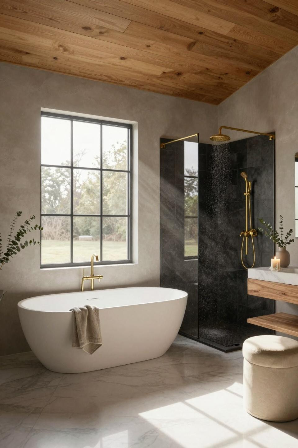 Modern Farmhouse Master Bath - serene stone barn bathroom with marble floors