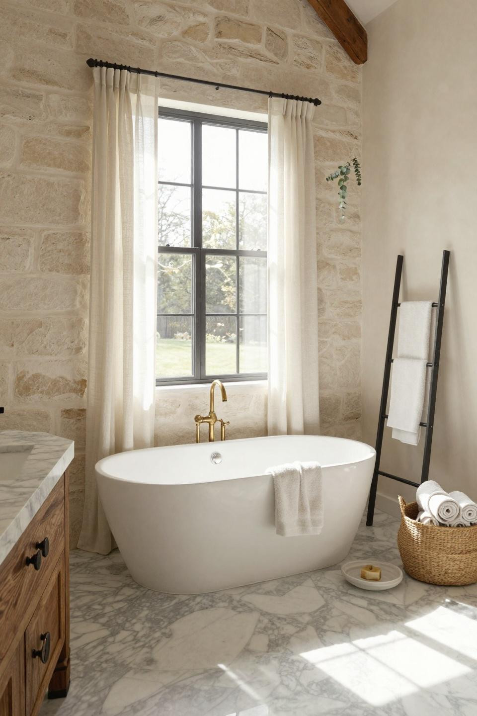 Modern Farmhouse Master Bath - grand bathroom with vaulted ceiling and marble tub