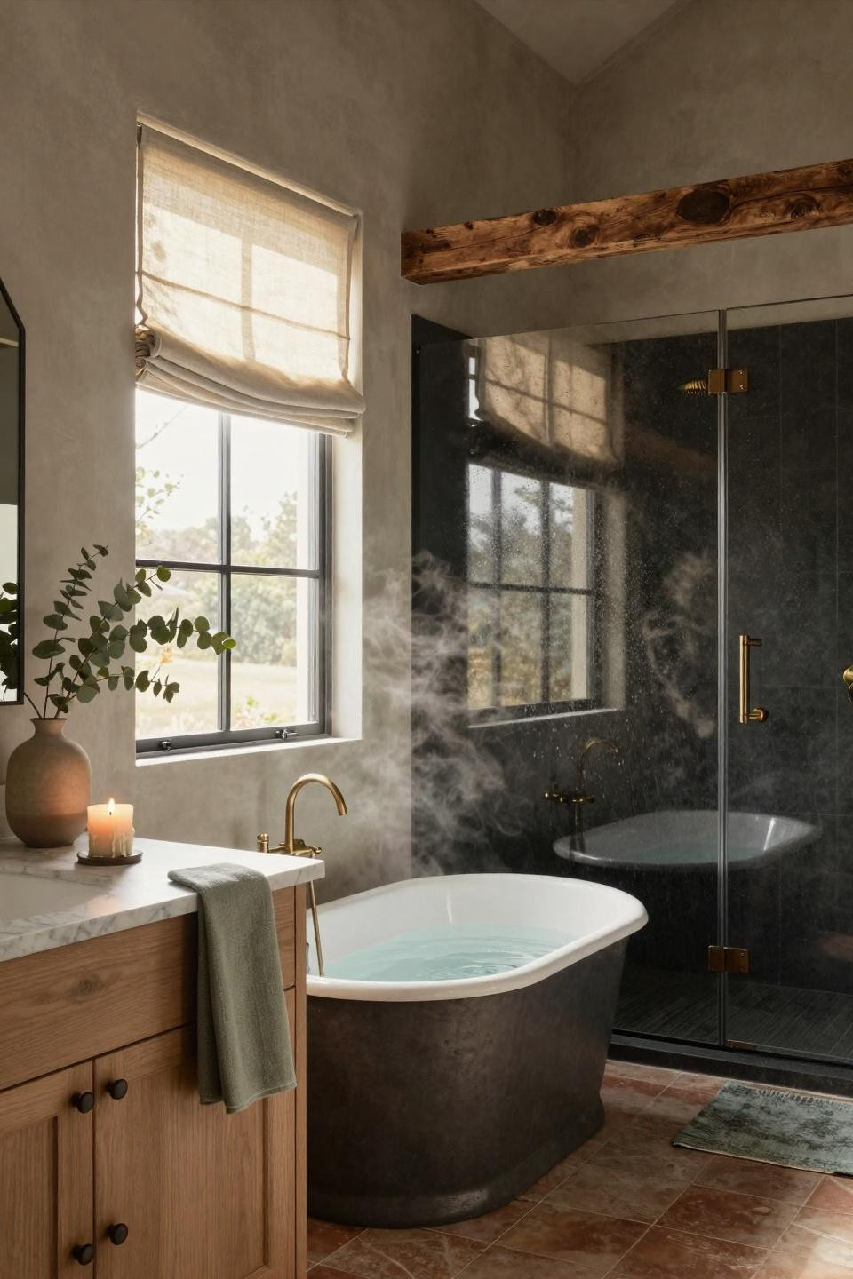 Modern Farmhouse Master Bath - light-filled bathroom with marble and steel details