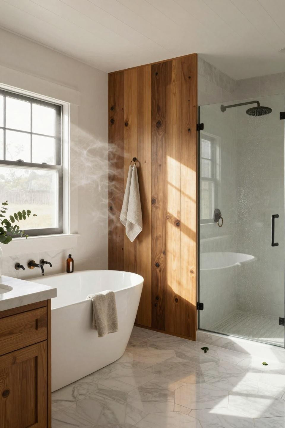 Modern Farmhouse Master Bath - luxurious shower with brass and marble finishes