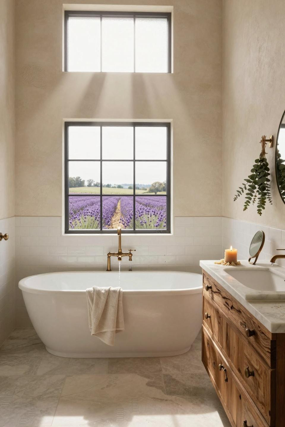 Modern Farmhouse Master Bath - refined bathroom with chandelier and marble details