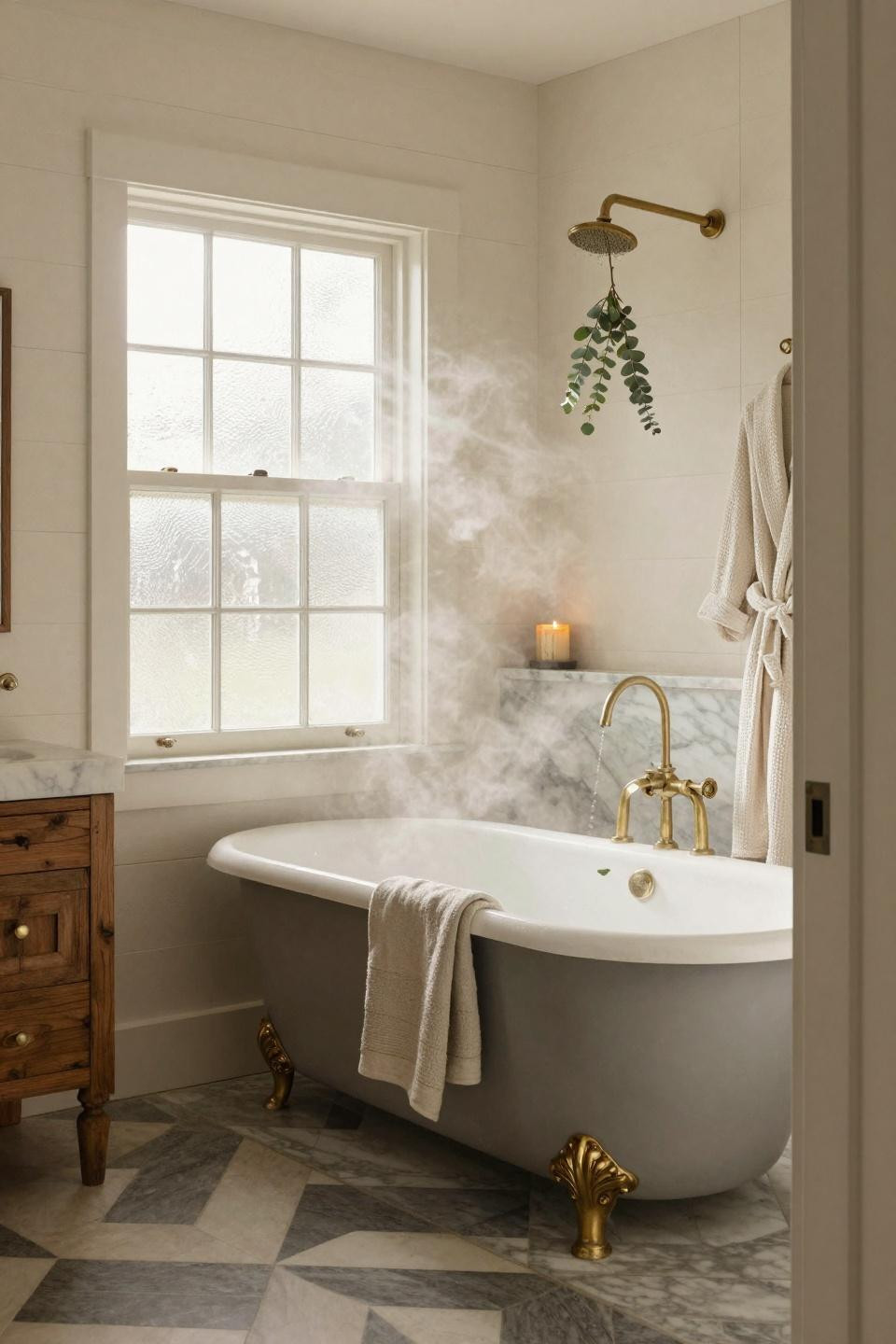 Modern Farmhouse Master Bath - elegant tub with geometric tile and brass feet