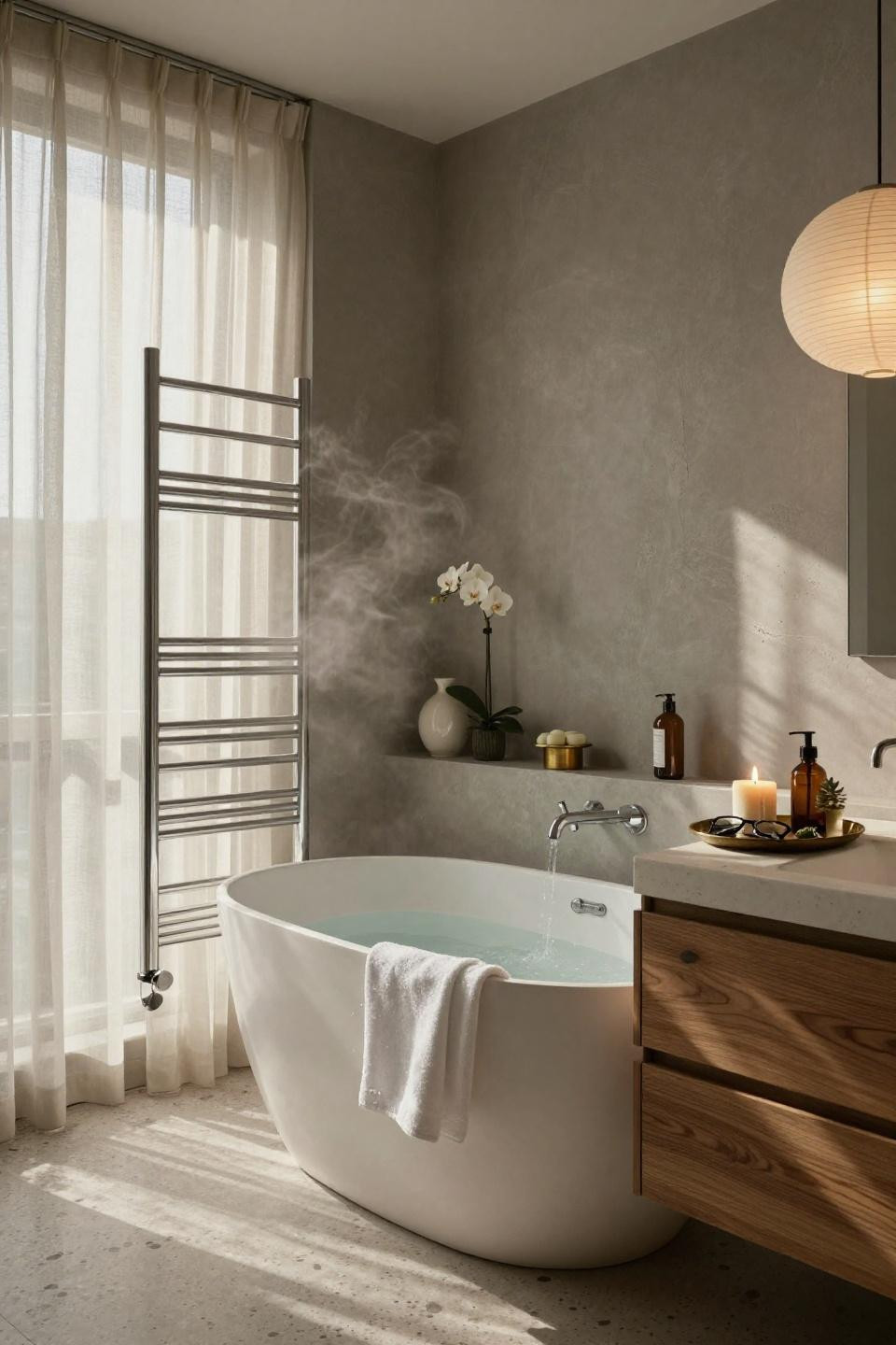 Modern luxury bathroom with sculptural tub and dove grey cement walls