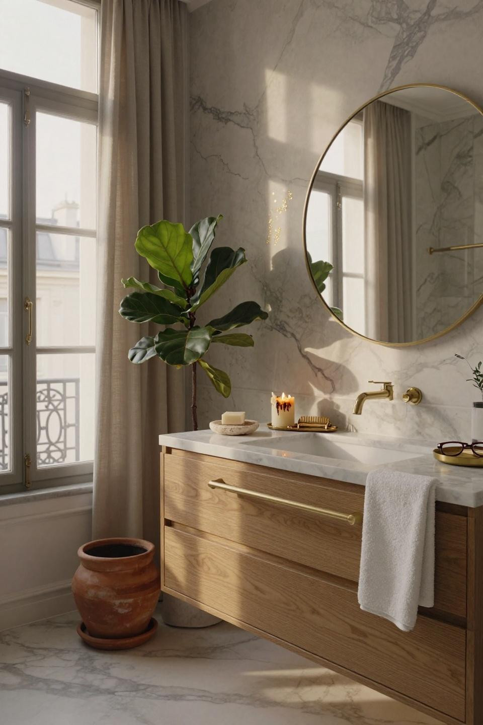 Modern luxury bathroom with tall windows and full-height marble walls