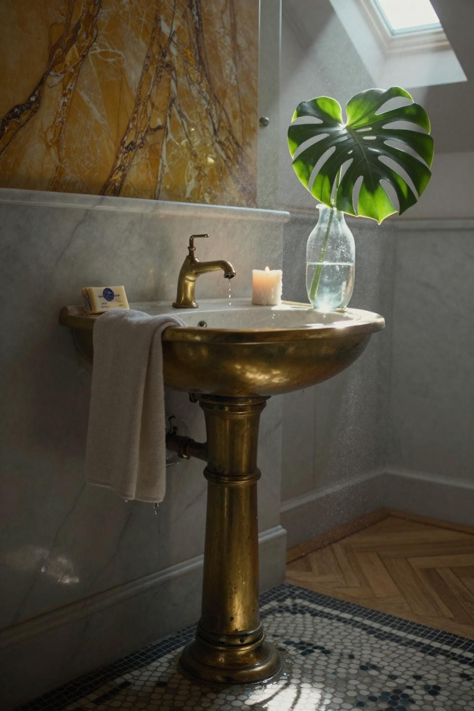 Modern luxury bathroom featuring graduated penny tile floor and brass sink