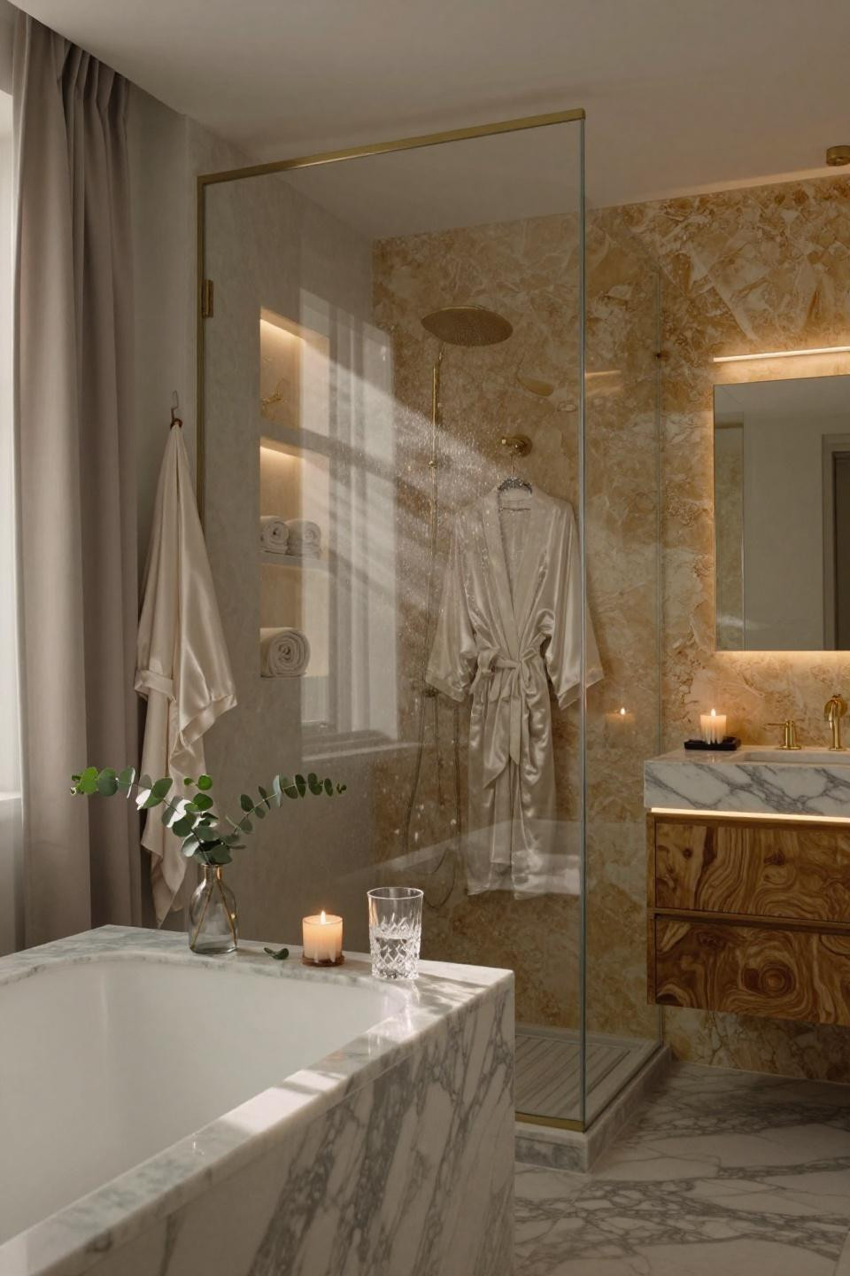 Modern luxury bathroom with glass-enclosed shower and travertine walls