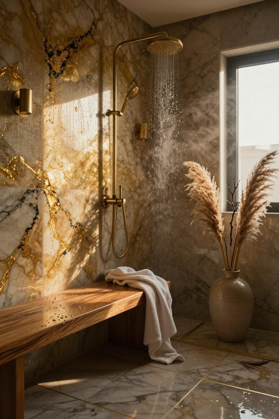 Modern luxury bathroom with black and gold marble shower walls