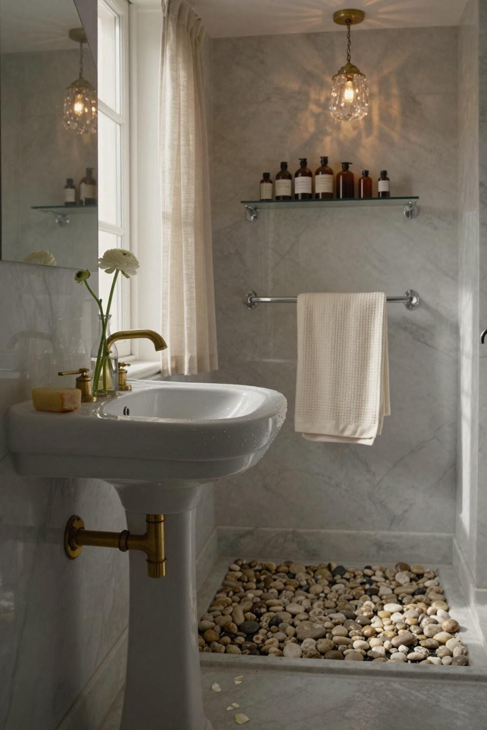Modern luxury bathroom featuring exposed brass plumbing and pedestal sink
