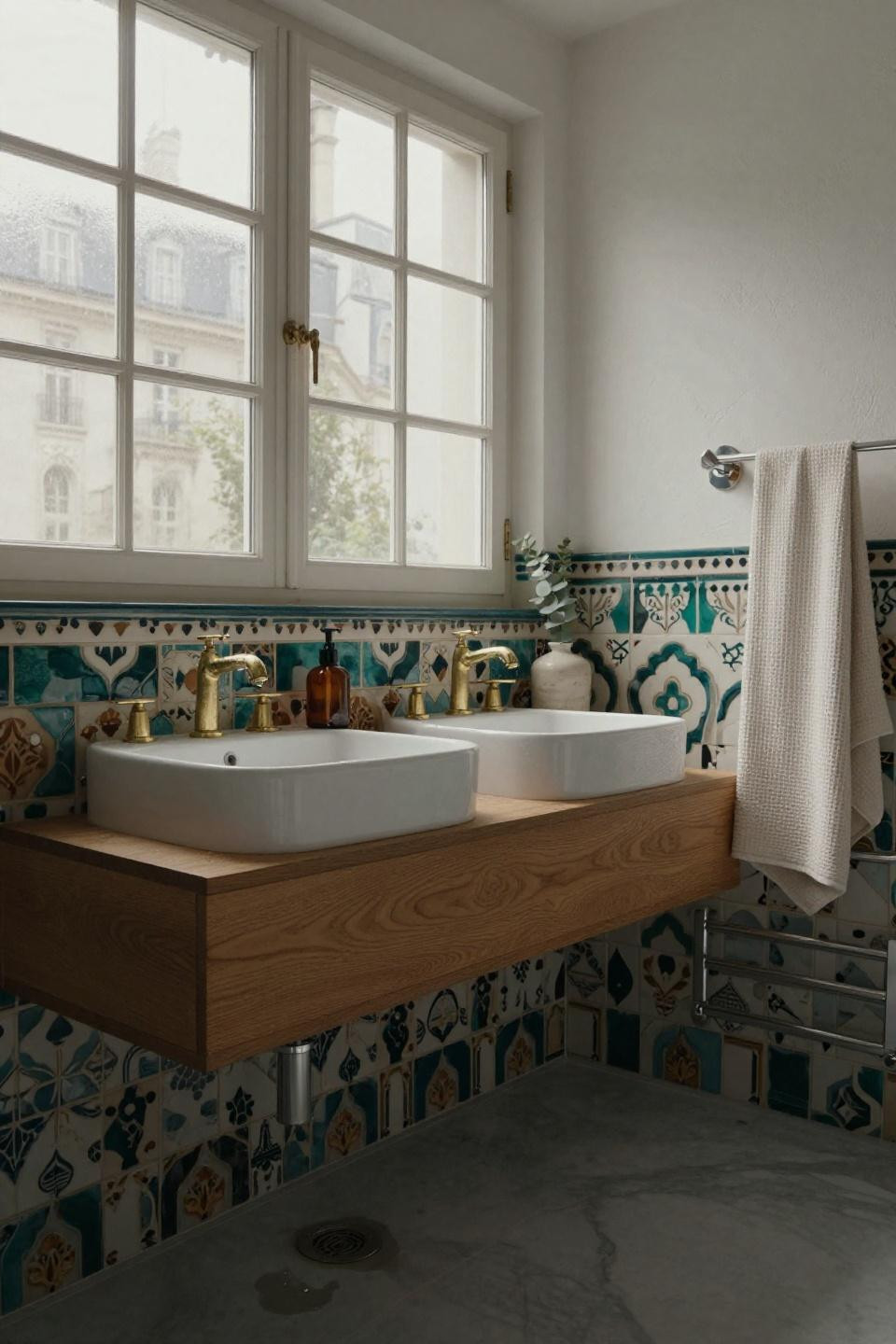 Modern luxury bathroom with arabesque tiles and floating double vanity