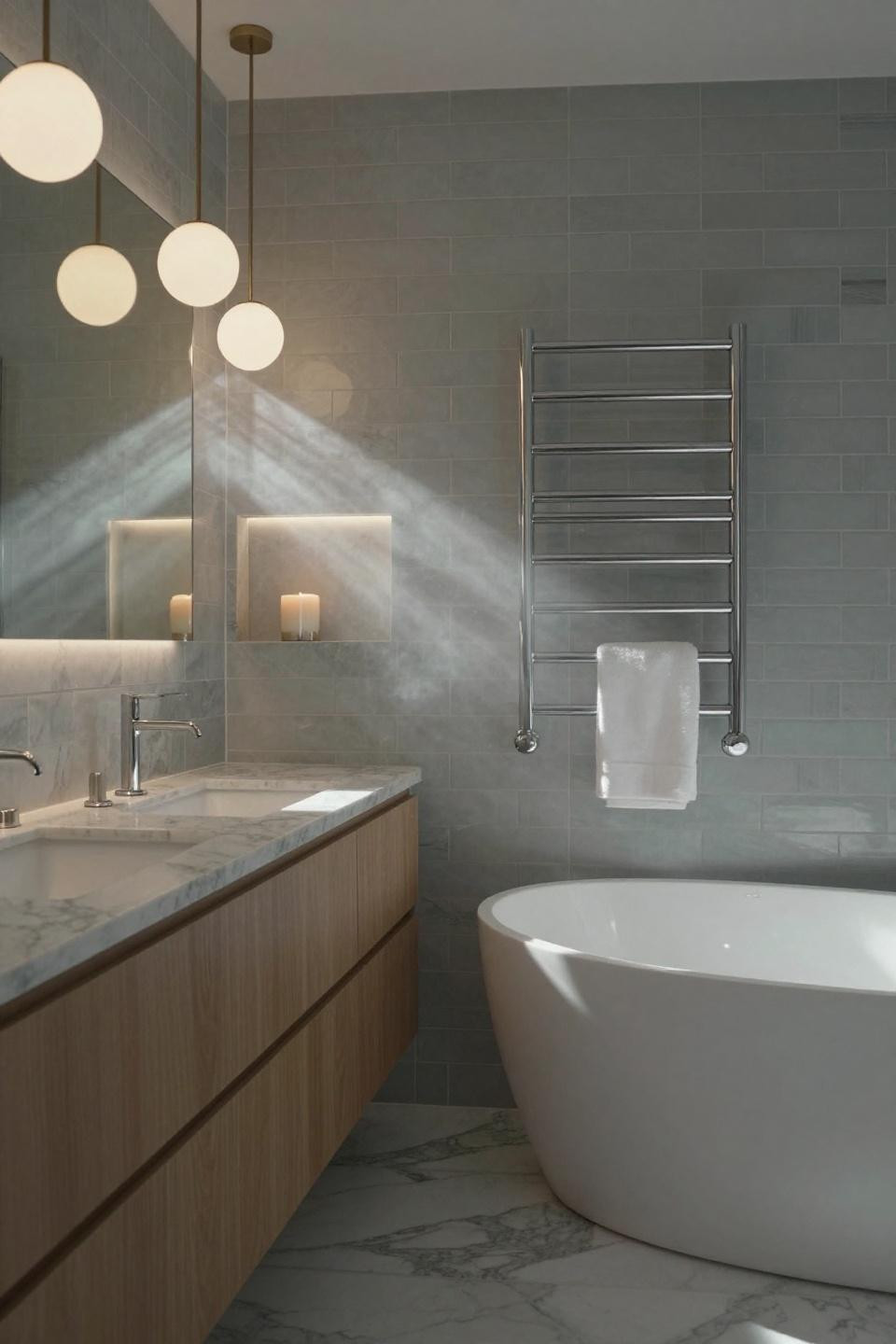 Modern luxury bathroom featuring marble walls and chrome heated towel rail