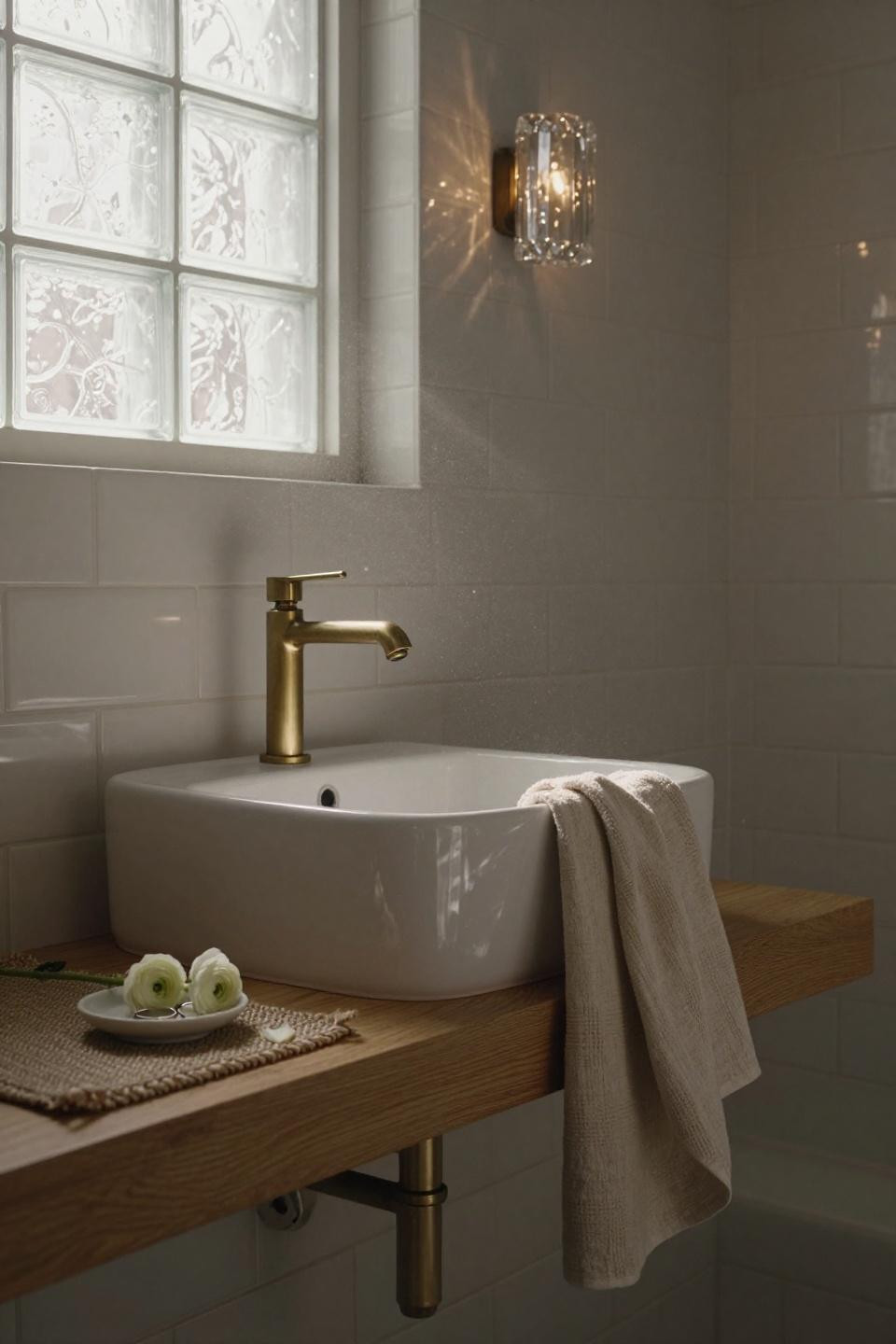 Modern luxury bathroom with frosted glass window and brass fixtures
