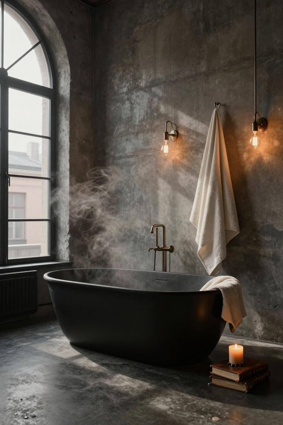 Modern luxury bathroom with black freestanding tub and industrial windows