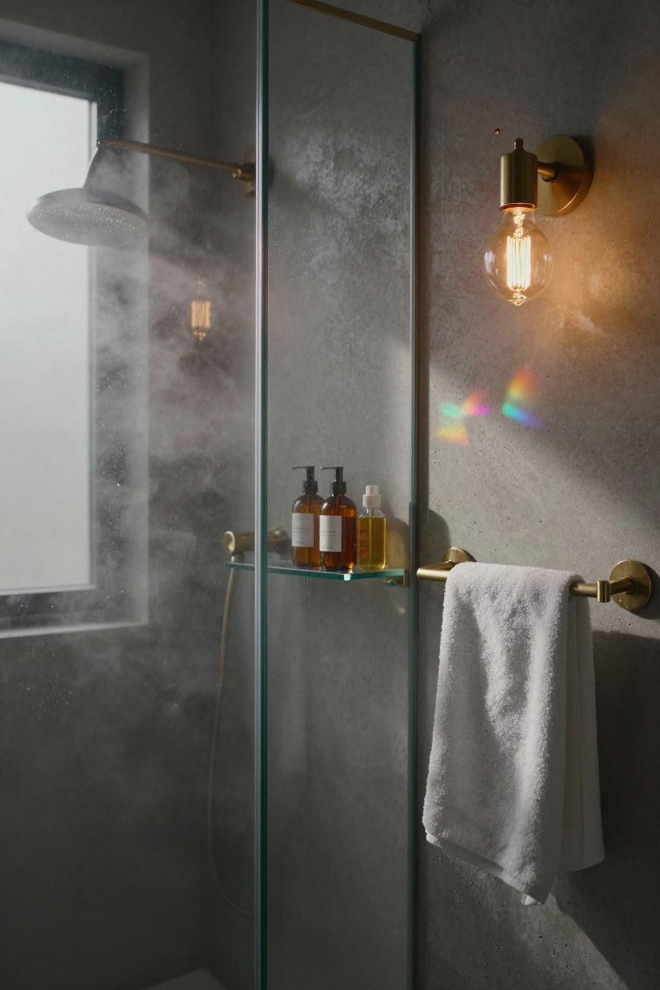 Modern luxury bathroom with raw concrete and glass-enclosed shower