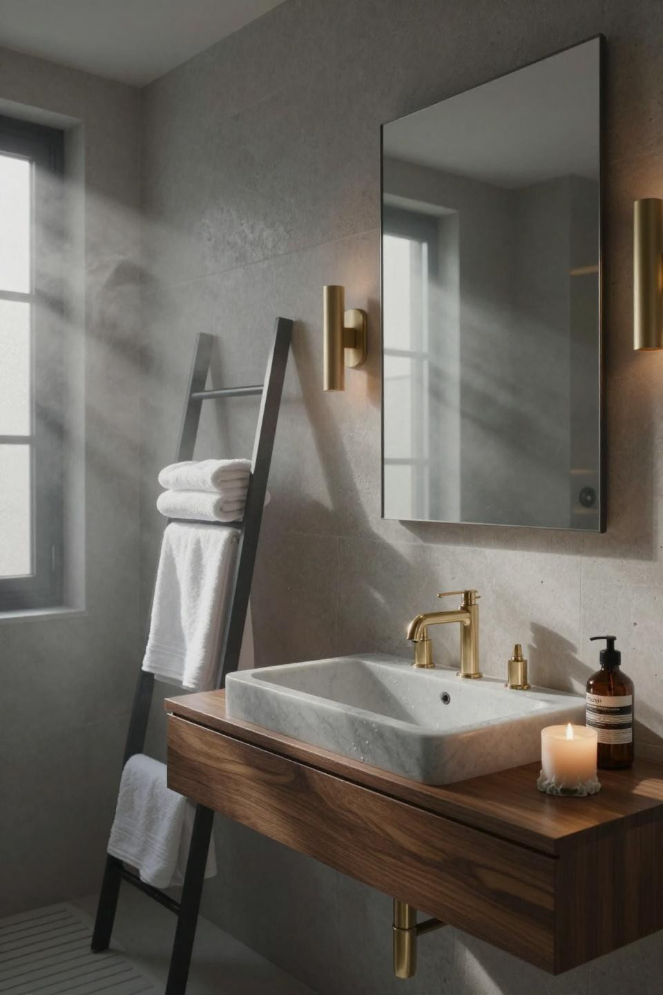 Modern luxury bathroom with textured limestone wall and floating vanity