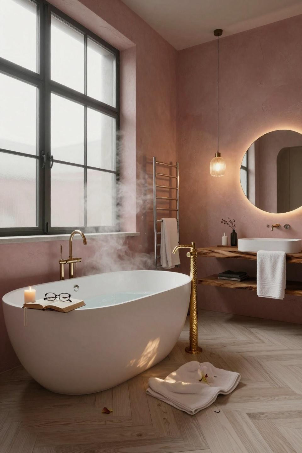 Modern luxury bathroom featuring sculptural tub and dusty rose walls