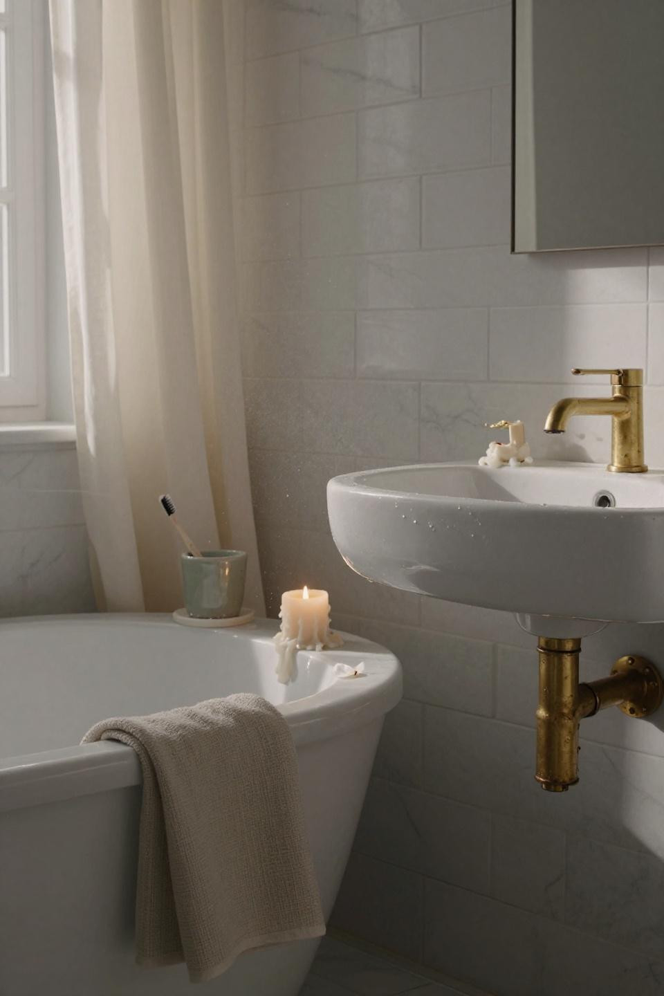Modern luxury bathroom with exposed brass pipes and Carrara marble