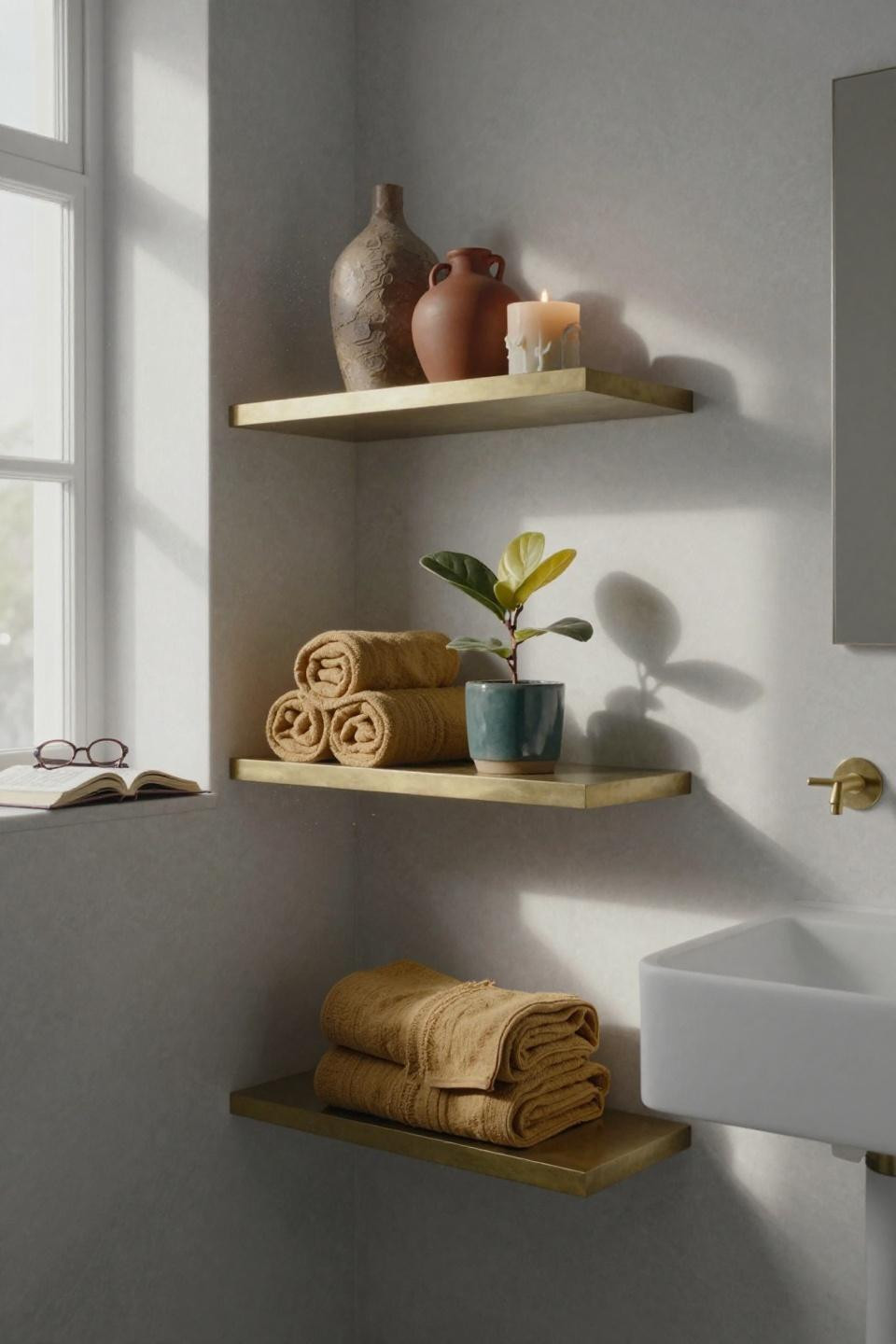 modern bathroom ideas - open brass shelving with curated display