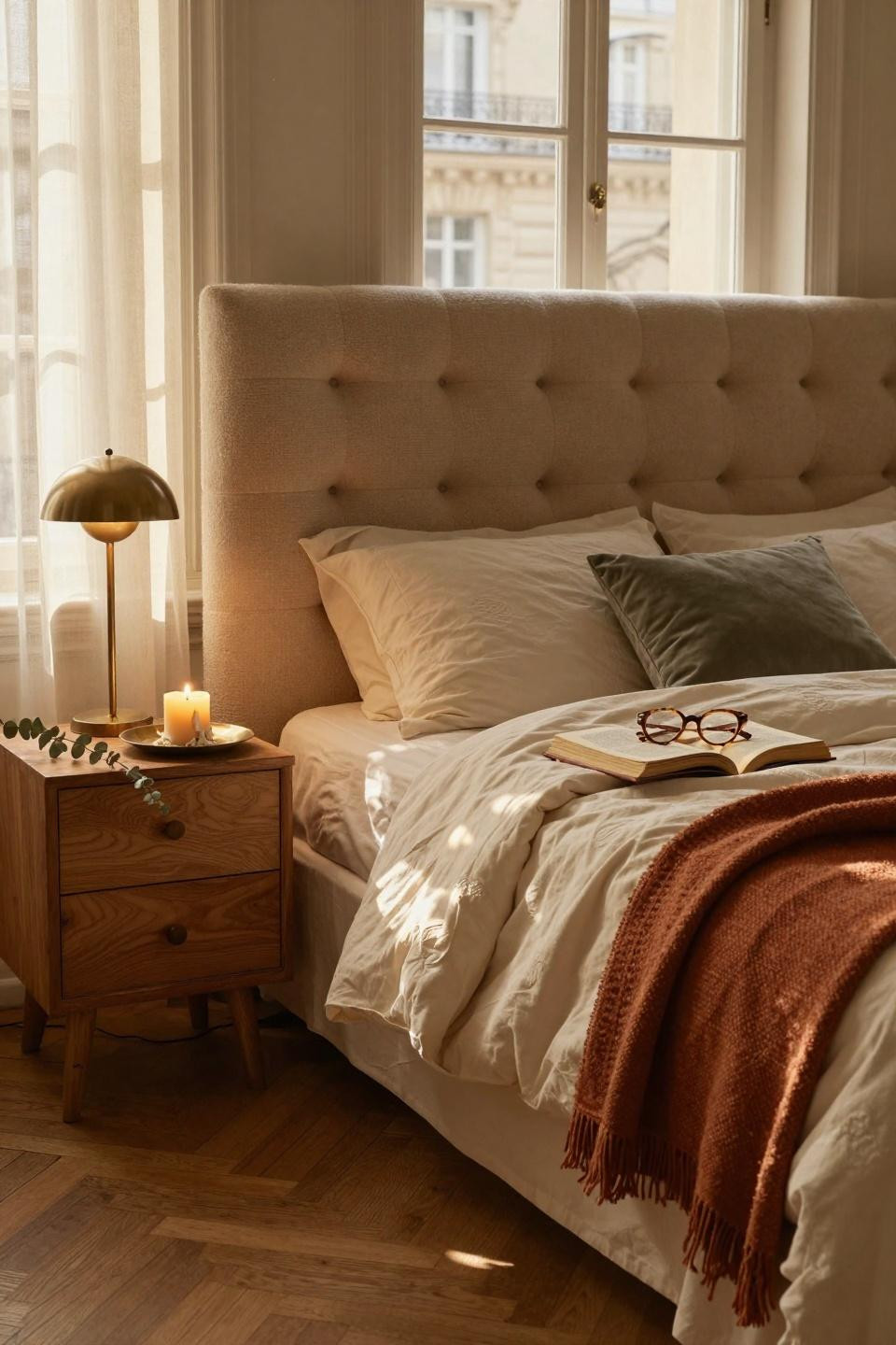 Master Bedrooms Decor - Parisian bedroom with herringbone floors and massive bouclé headboard