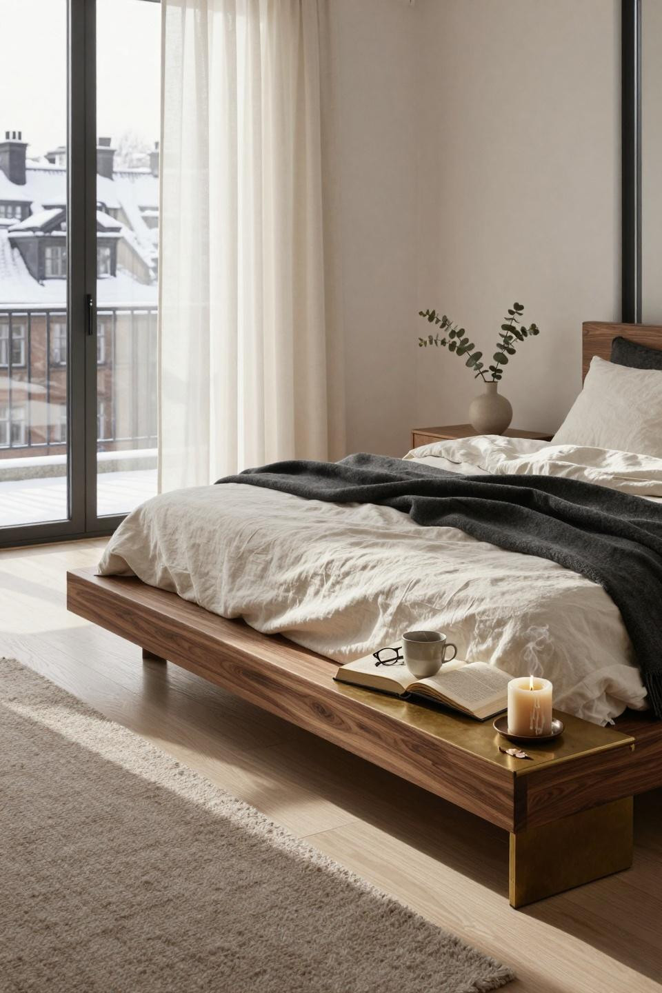 Master Bedrooms Decor - Copenhagen bedroom with walnut platform bed and brass accents