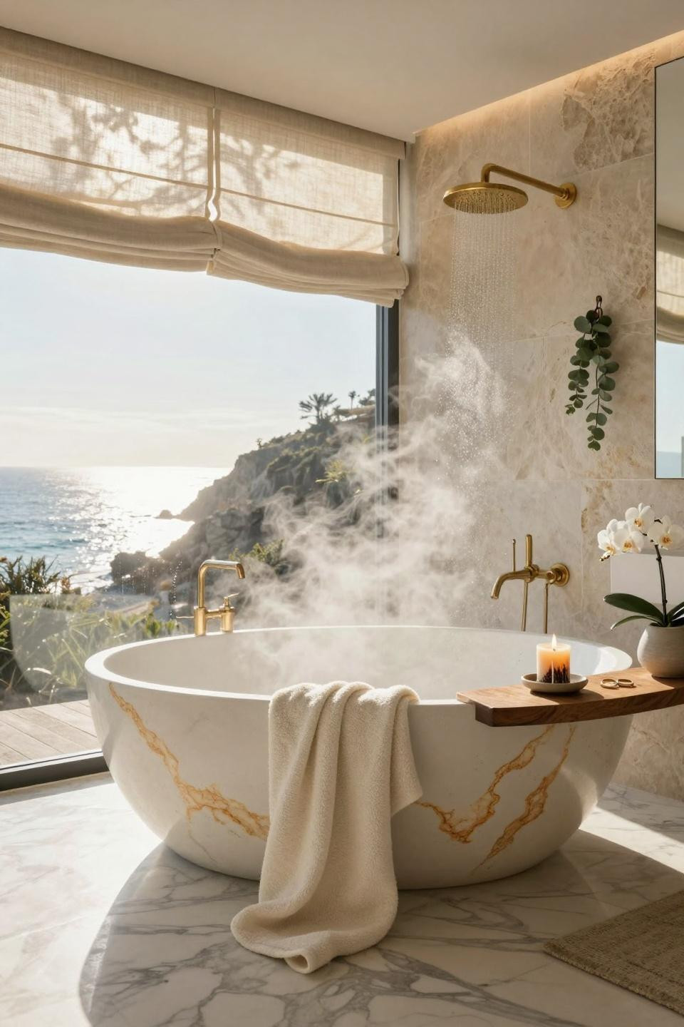 Master Bath Ideas - travertine tub with ocean views