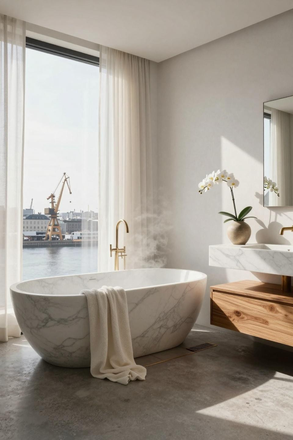 Master Bath Ideas - teak vanity with marble tub