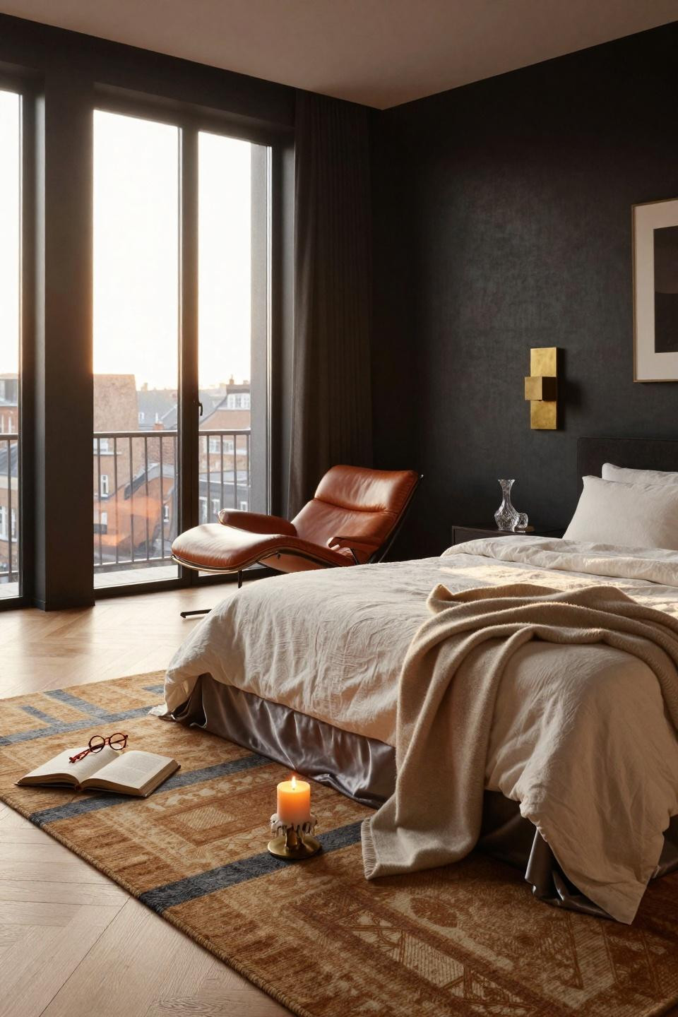 Master bedrooms decor modern with dramatic windows and natural wood