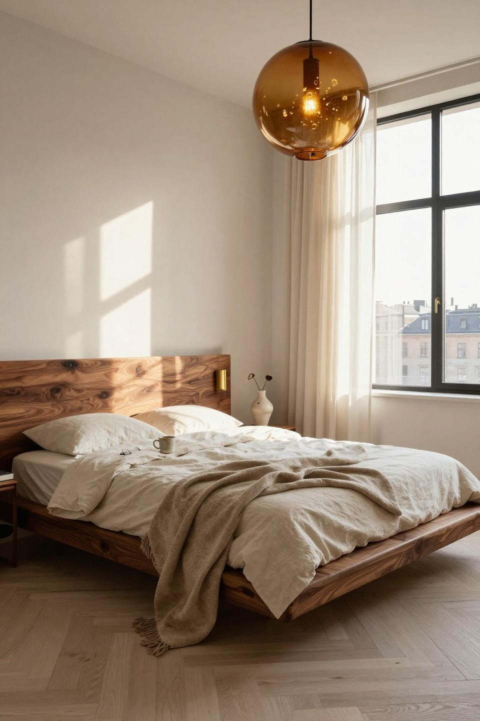 Master Bedrooms Decor - bedroom with oversized amber glass pendant and walnut bed