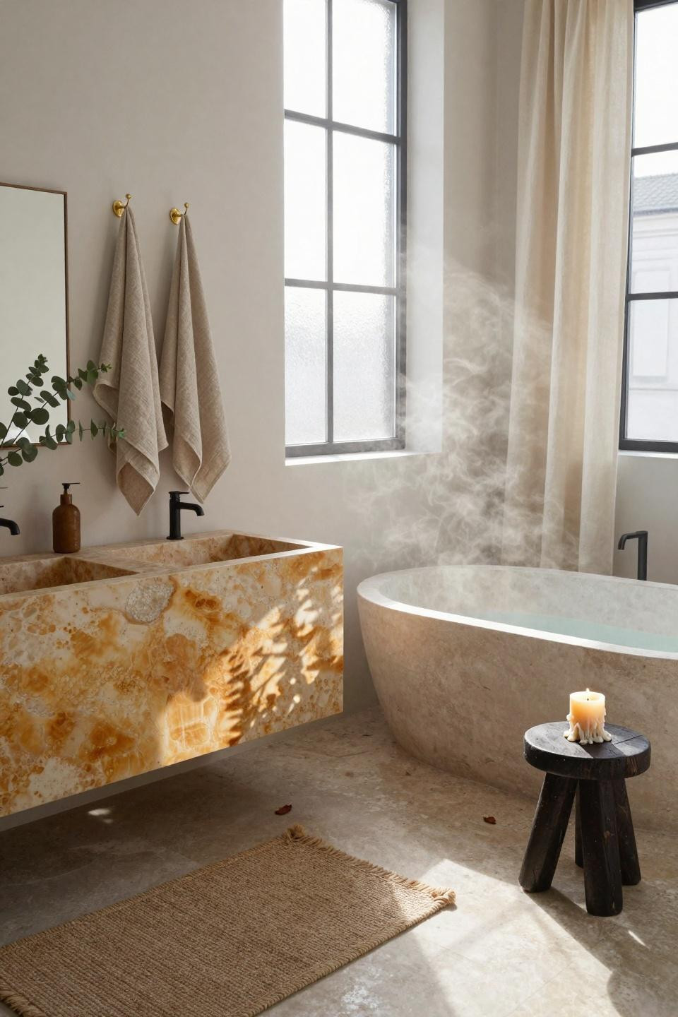 Modern Organic Bathroom - double travertine vanity with brass fixtures overhead shot