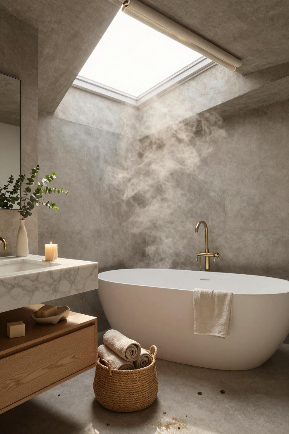 Modern Organic Bathroom - skylight above marble vanity with oak accents