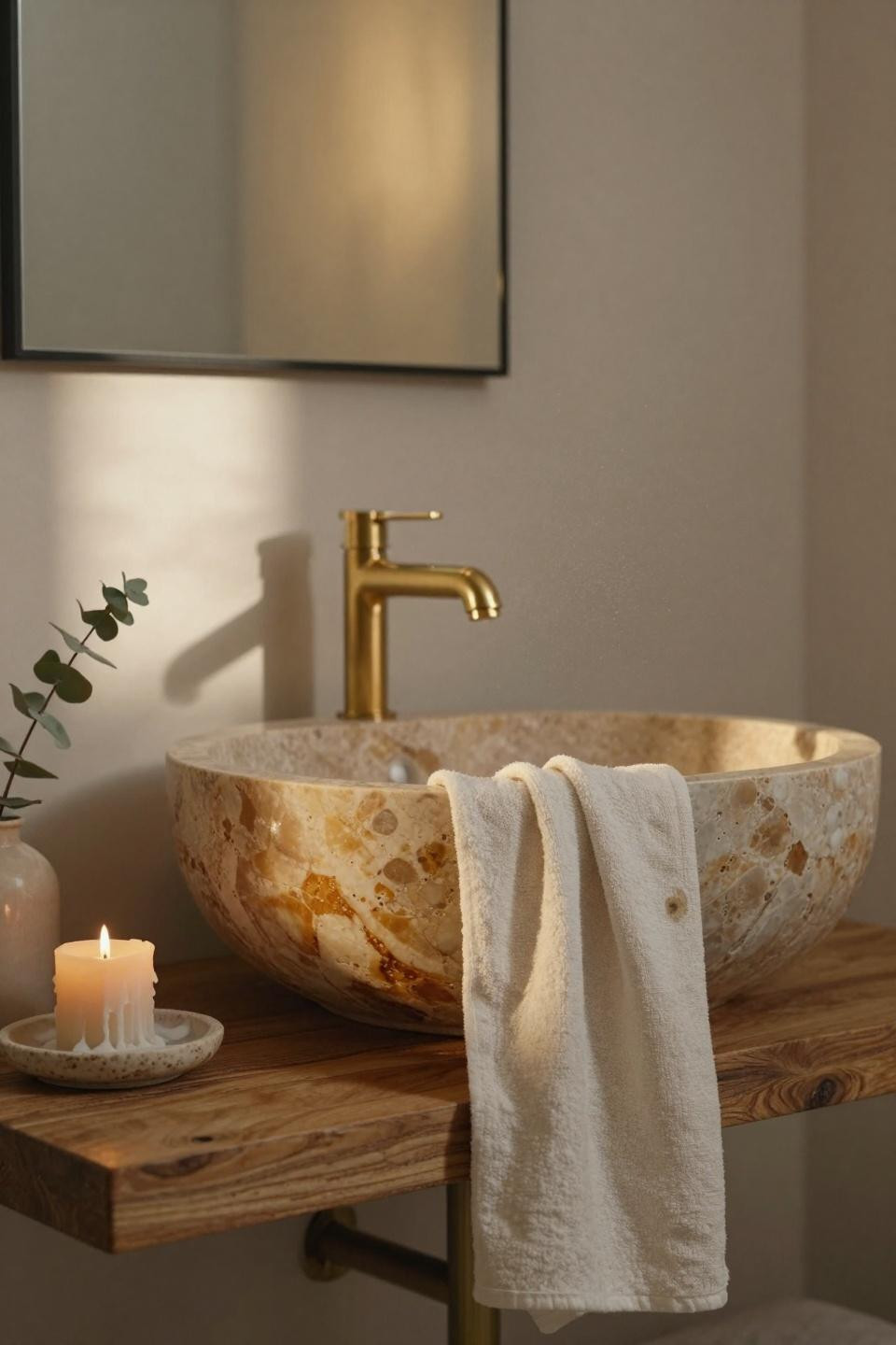 Modern Organic Bathroom - travertine vessel sink with teak floating shelf