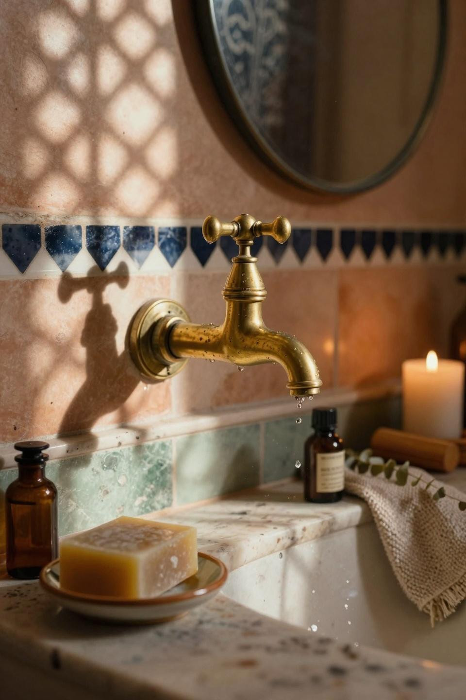 Modern Organic Bathroom - terracotta zellige tiles with vintage brass faucet