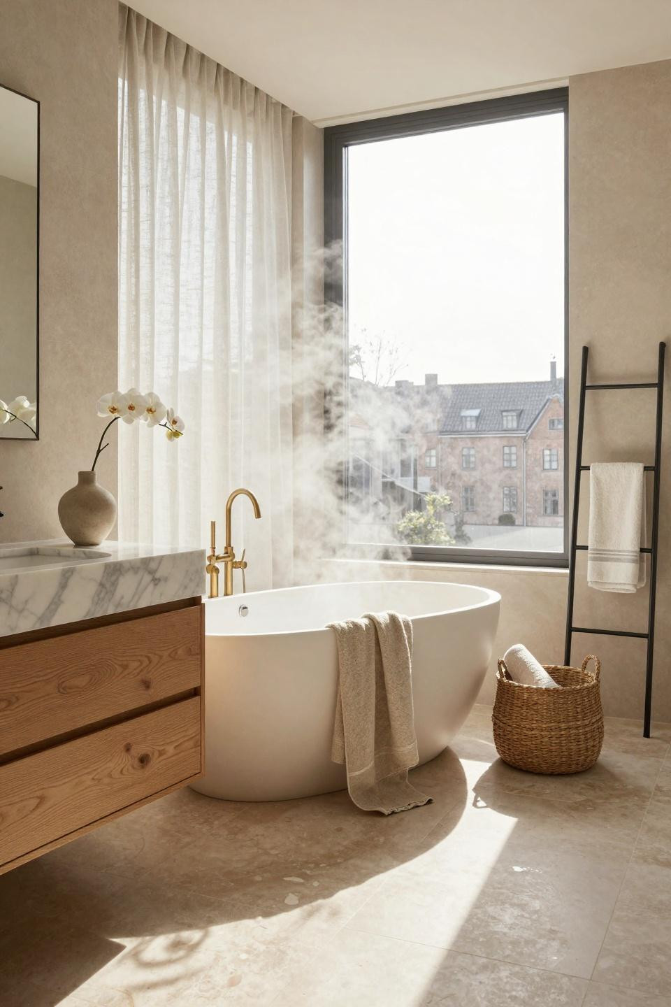 Modern Organic Bathroom - floating marble vanity with brass fixtures and linen curtains