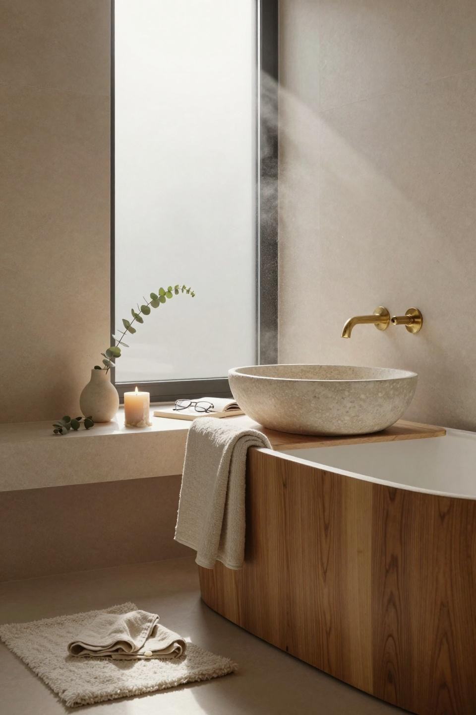 Modern Organic Bathroom - Scandinavian teak soaking tub with frosted glass
