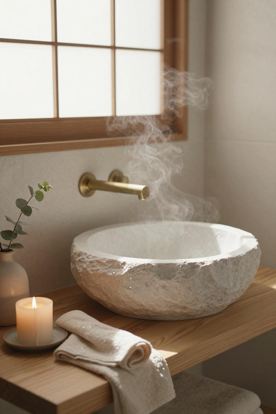 Modern Organic Bathroom - hand-carved limestone vessel sink with brass fixtures