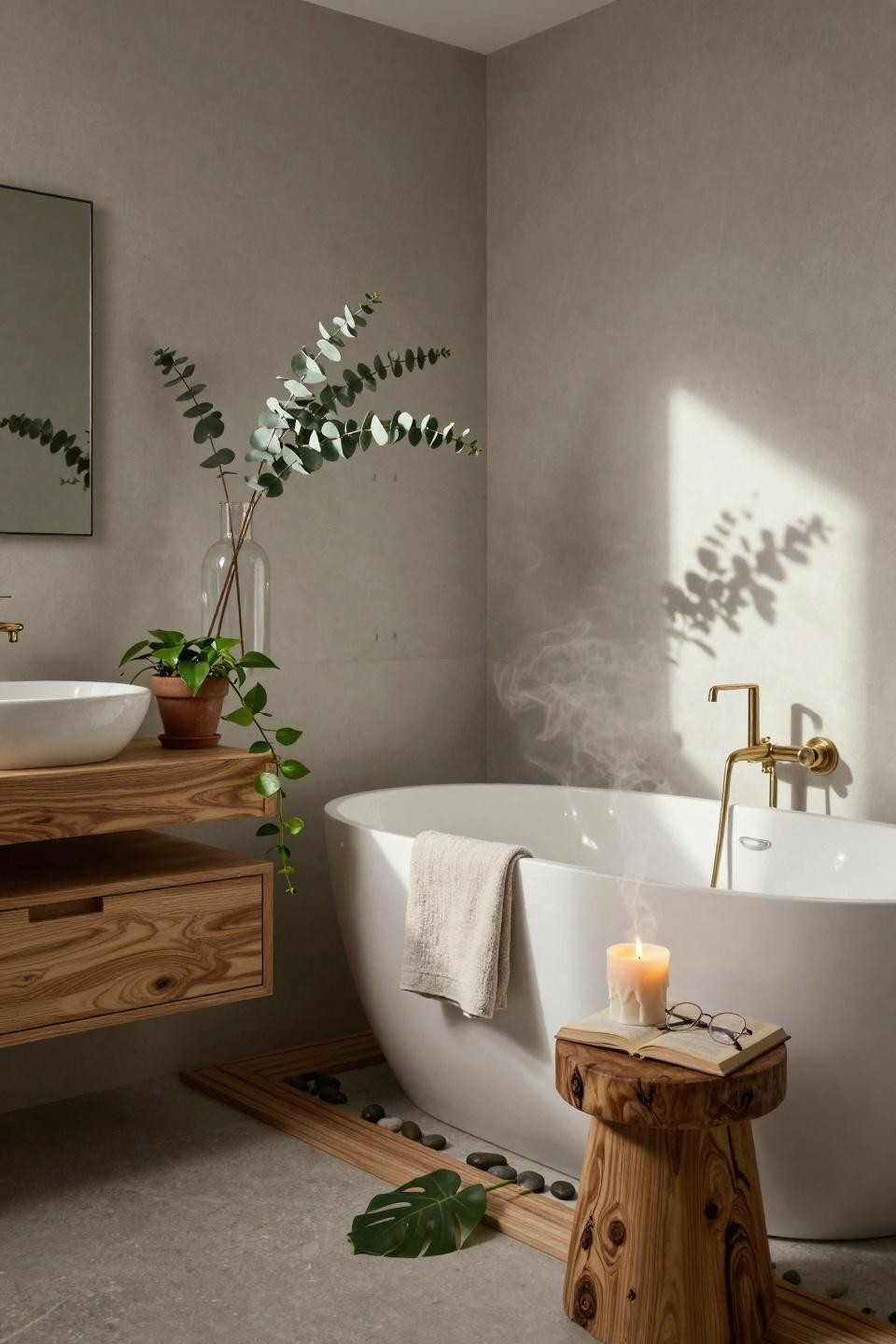 Modern Organic Bathroom - Japandi soaking tub with teak wood and plants